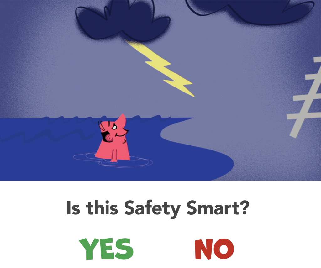 A man swims while lightning strikes overhead. Is this Safety Smart? 