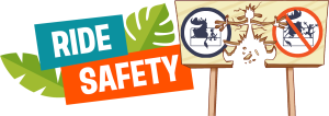 Text reads "Ride Safety" next to an image of a ride safety sign with the outline of Timon smashed through